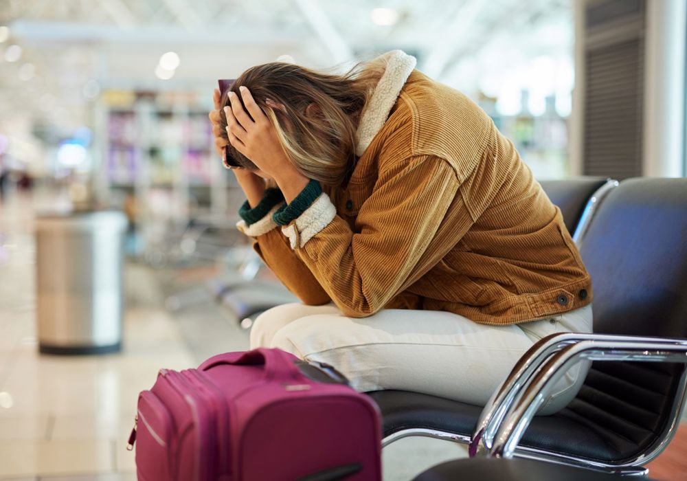 En kvinde sidder i lufthavnen og tager sig til hovedet - hun er ærgerlig over at have misset sit fly.